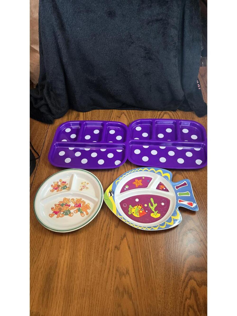 Kids Divided Plate Set with Purple Polka Dot Trays and Character Plates
